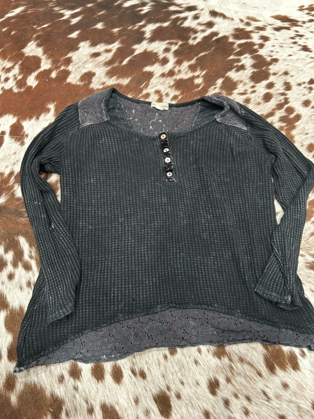 live and let live  women’s Charcoal Eyelet Knit Top with Lace Detail L/S LG